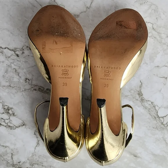 Brian Atwood. Gold Metallic Leather, T Strap Pumps Heels - Picture 9 of 16
